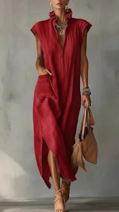 Women's Cotton-Linen Sleeveless Solid-Color Loose-Fit V-Neck Dress
