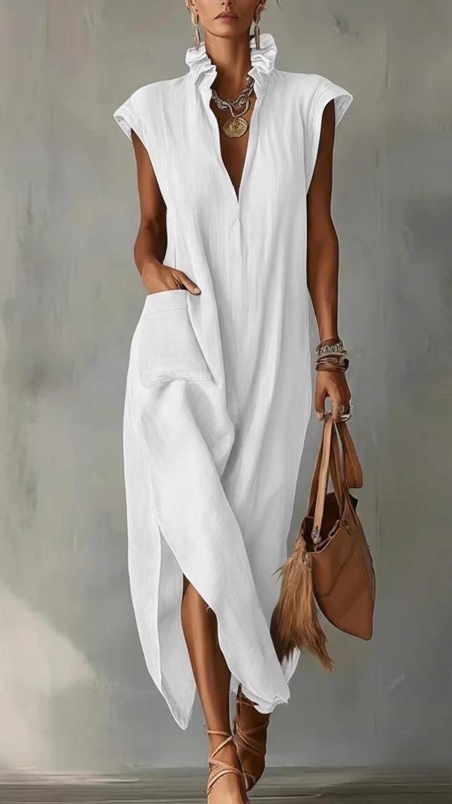 Women's Cotton-Linen Sleeveless Solid-Color Loose-Fit V-Neck Dress