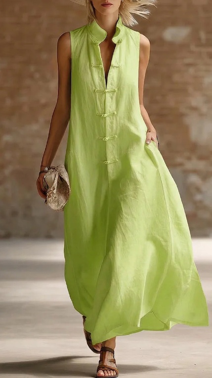 Women's Loose-Fit Stand-Collar Linen-Cotton Dress