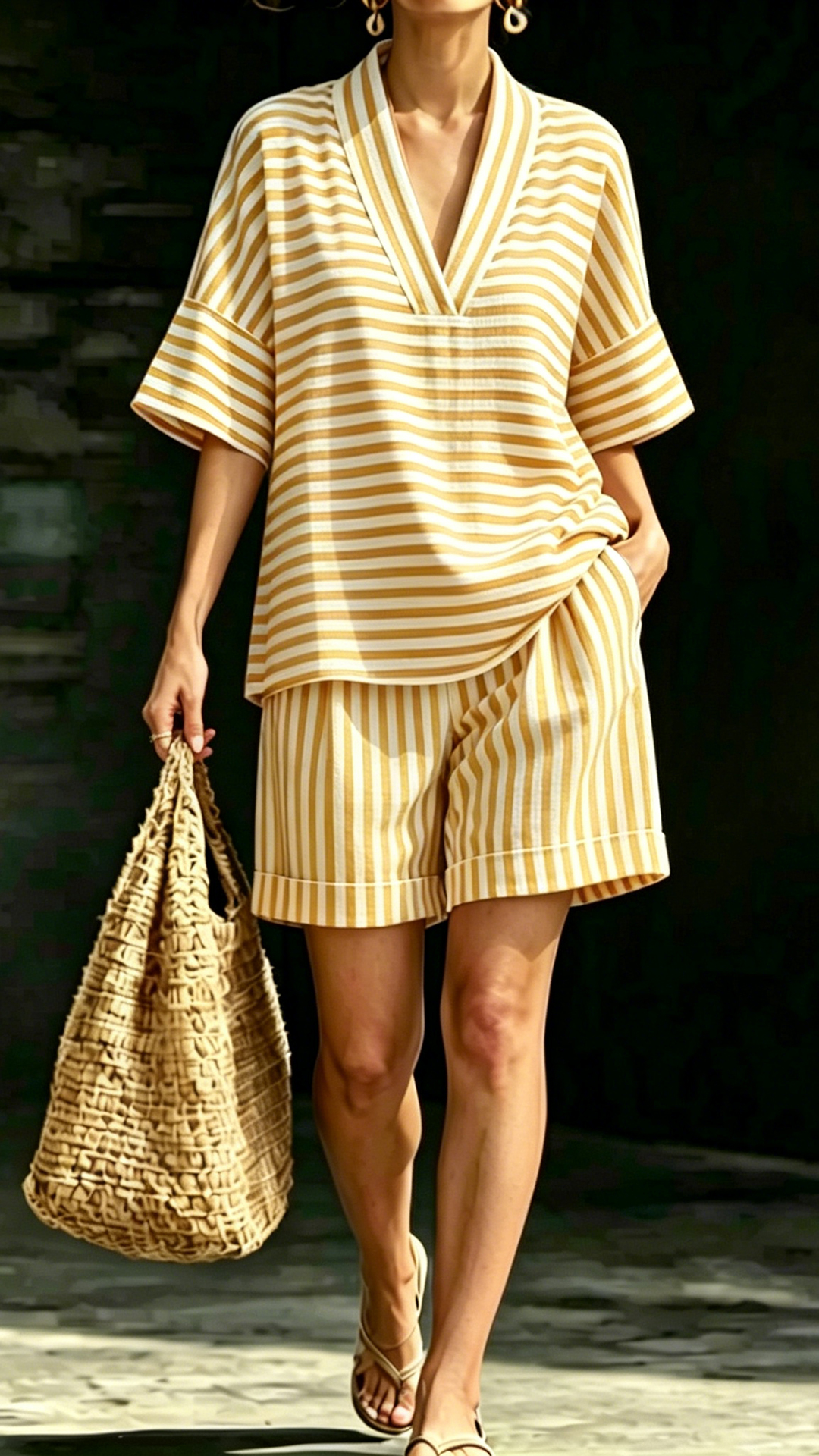 Women's Casual V-Neck Striped Loose-Fit Matching Set