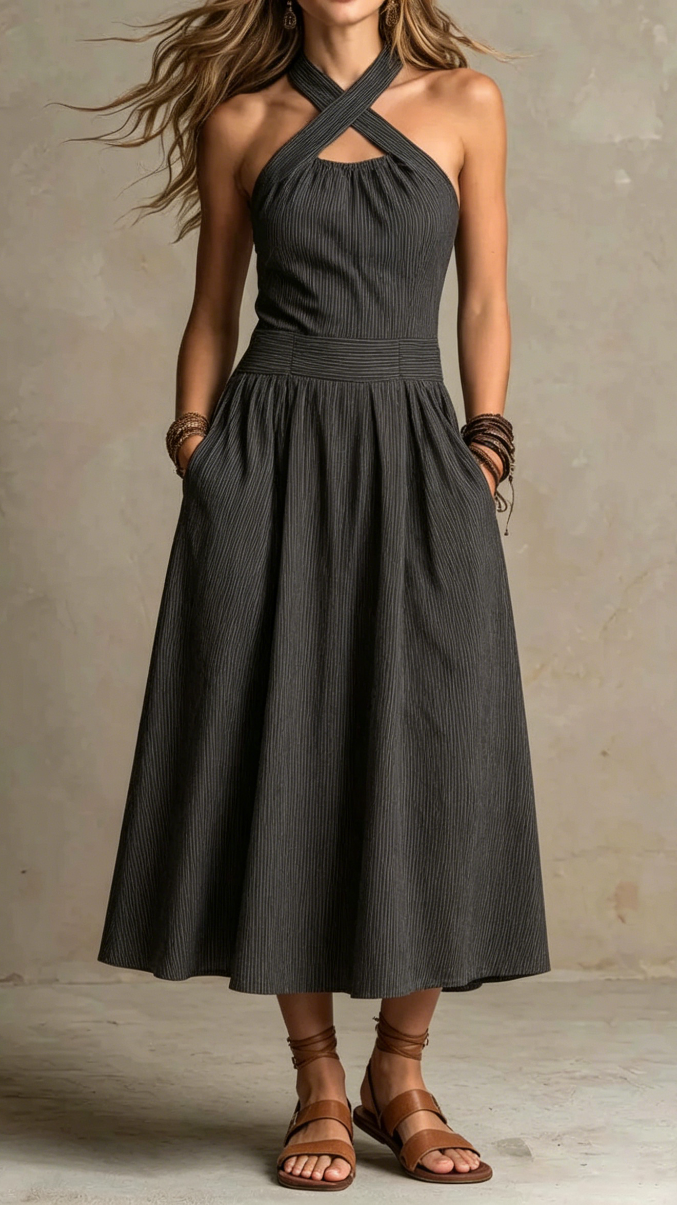 Women's Cross-neck Halter Design Cotton-linen Dress