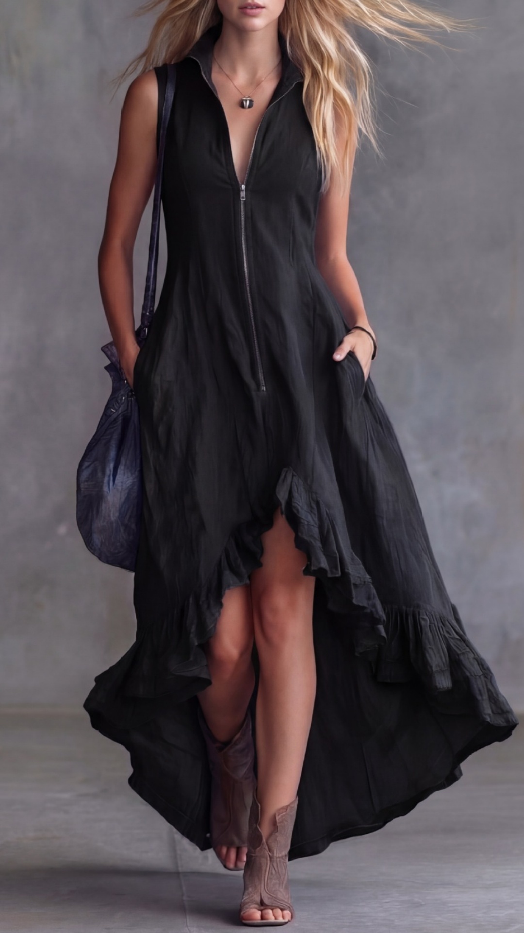 Women's Vintage Casual Dress with Lapel, Front Zipper, and Ruffled Hem
