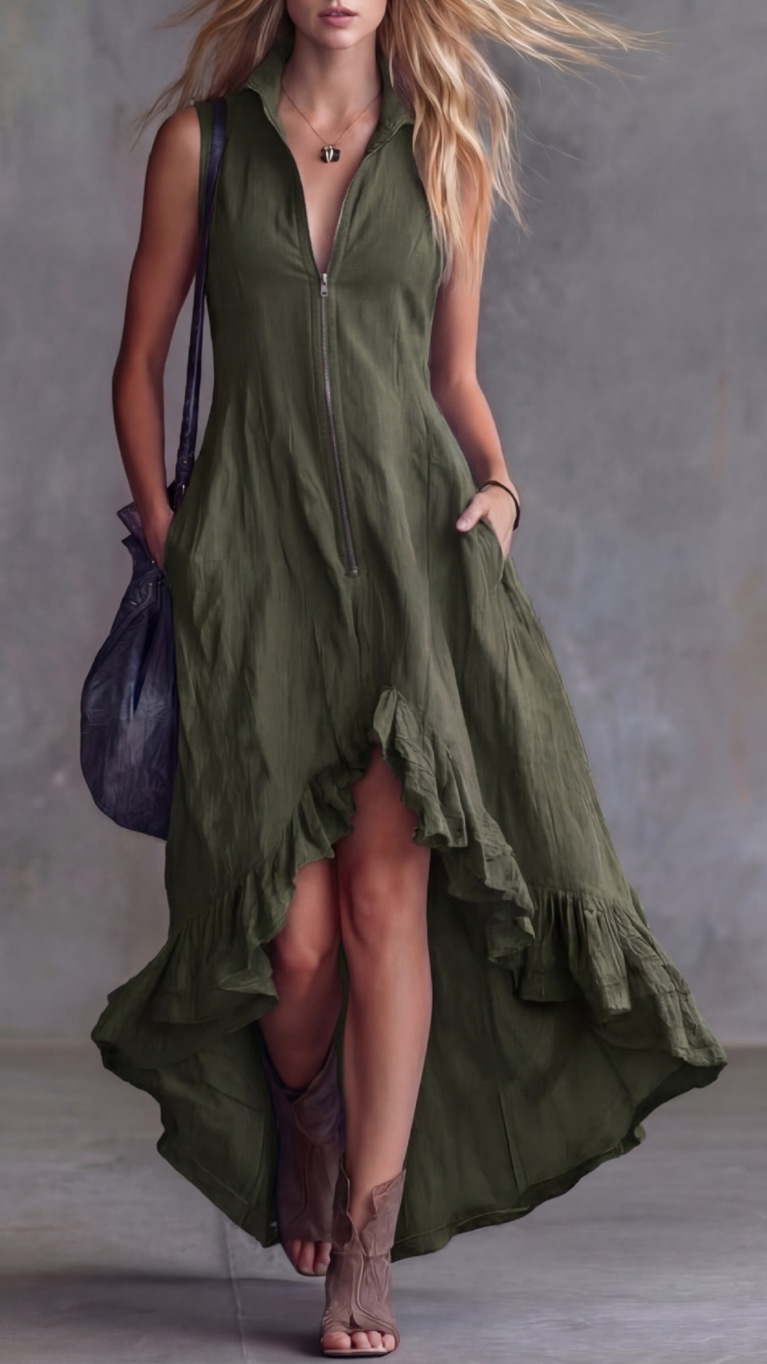 Women's Vintage Casual Dress with Lapel, Front Zipper, and Ruffled Hem