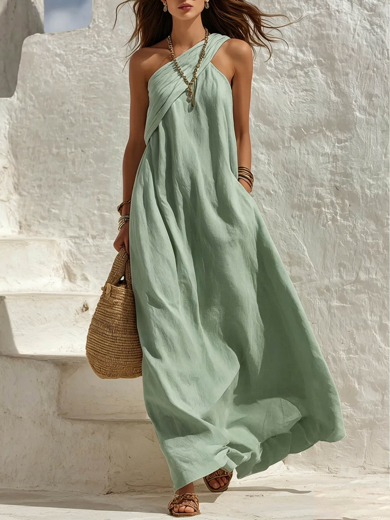 Minimalist Bohemian One-Shoulder Maxi Dress