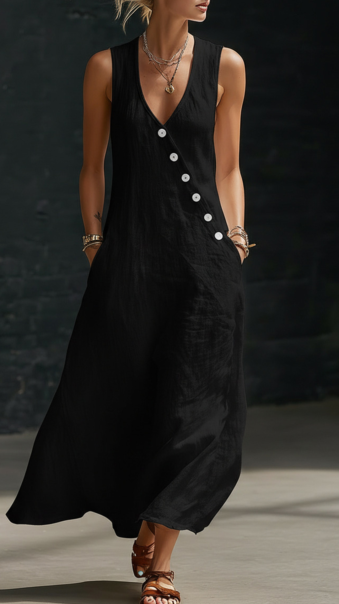 "Effortless Chic" Style V-Neck Button-Front Cotton-Linen Maxi Dress — Sleeveless Tank Dress