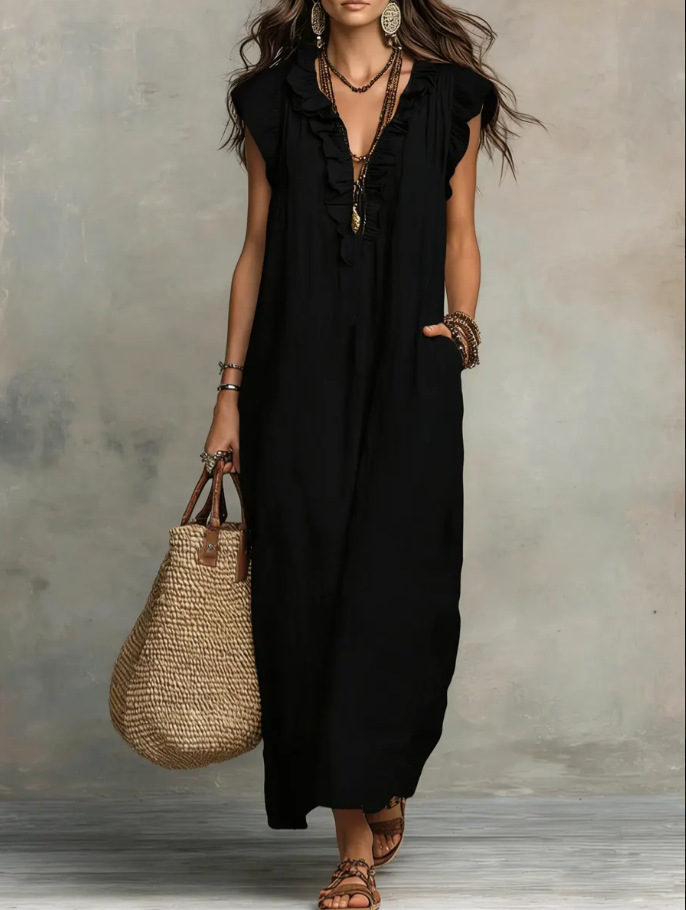 [Copy]"Effortless Chic" Style V-Neck Button-Front Cotton-Linen Maxi Dress — Sleeveless Tank Dress