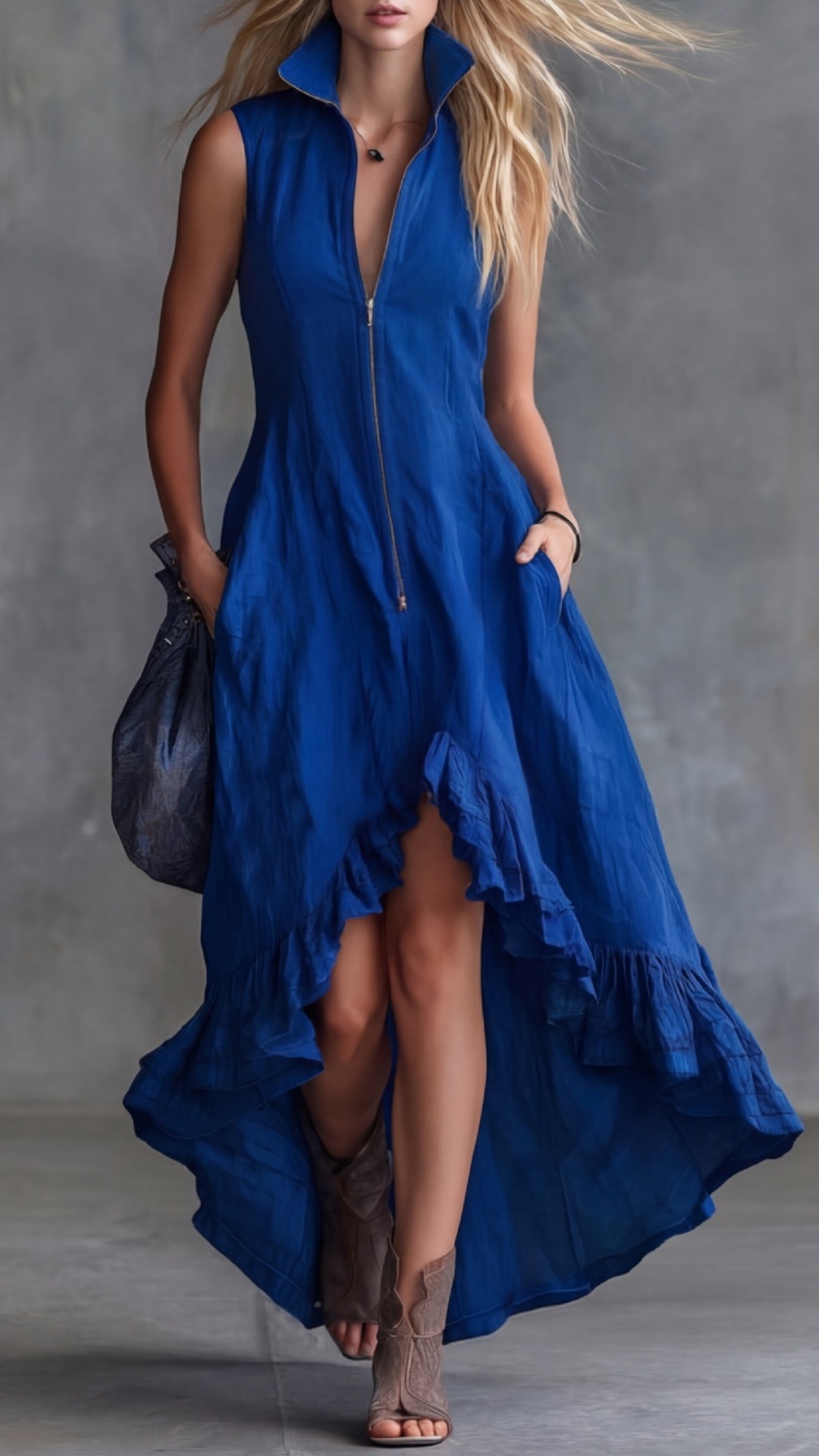 Women's Vintage Casual Dress with Lapel, Front Zipper, and Ruffled Hem