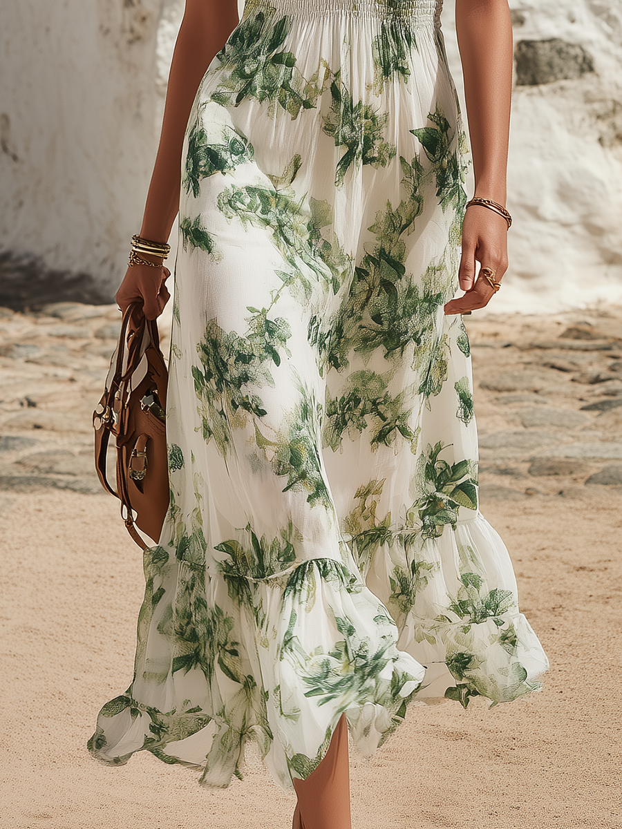 Vacation-Style V-Neck Sleeveless Botanical Print Chiffon Midi Dress