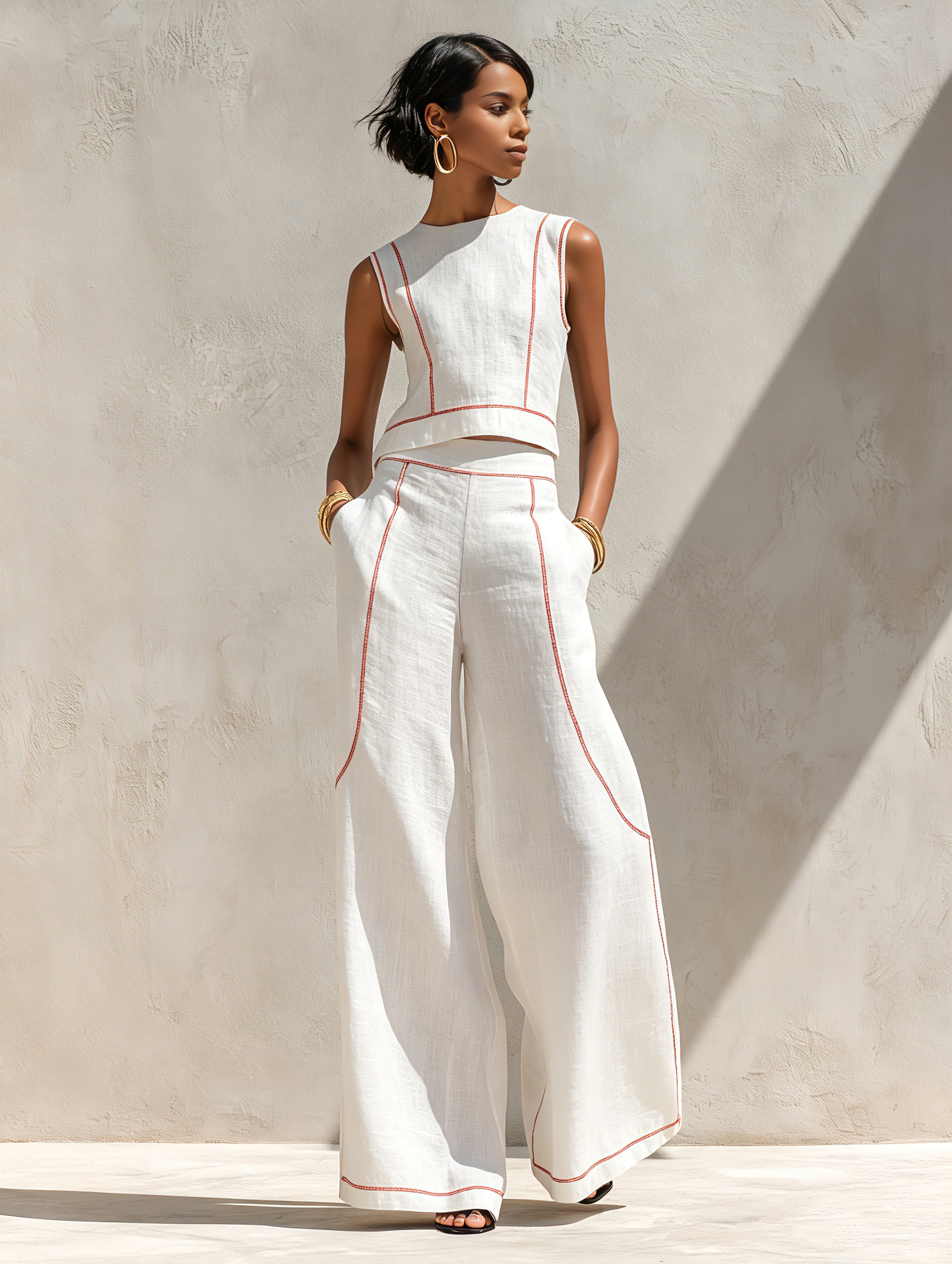 Women's Minimalist Linen-Blend Contrast-Stitched Blouse & Wide-Leg Pants Set
