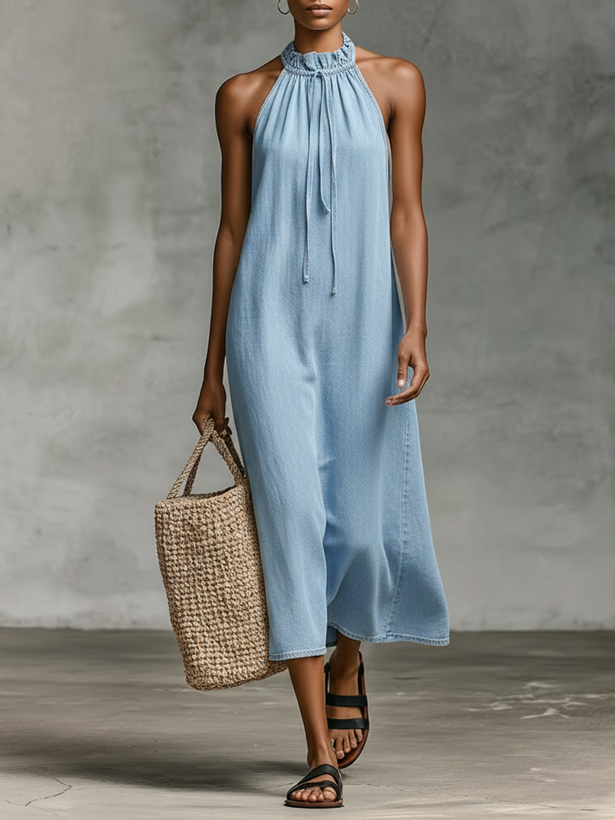 Women's Minimalist Loose-Fit Washed Denim Sleeveless Midi Dress MDZ1570E2Y