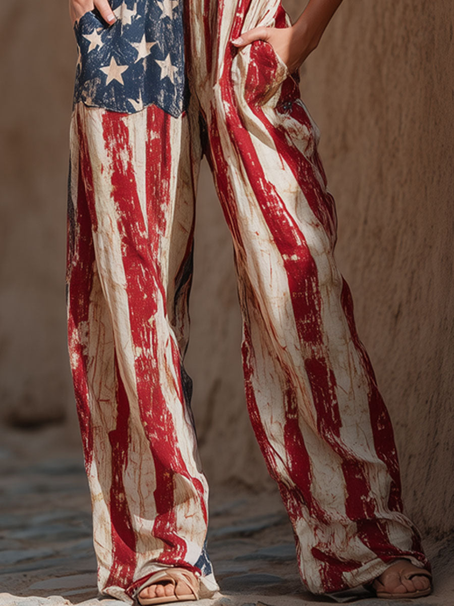 Retro-style Flag Print Cotton Linen Sleeveless Jumpsuit