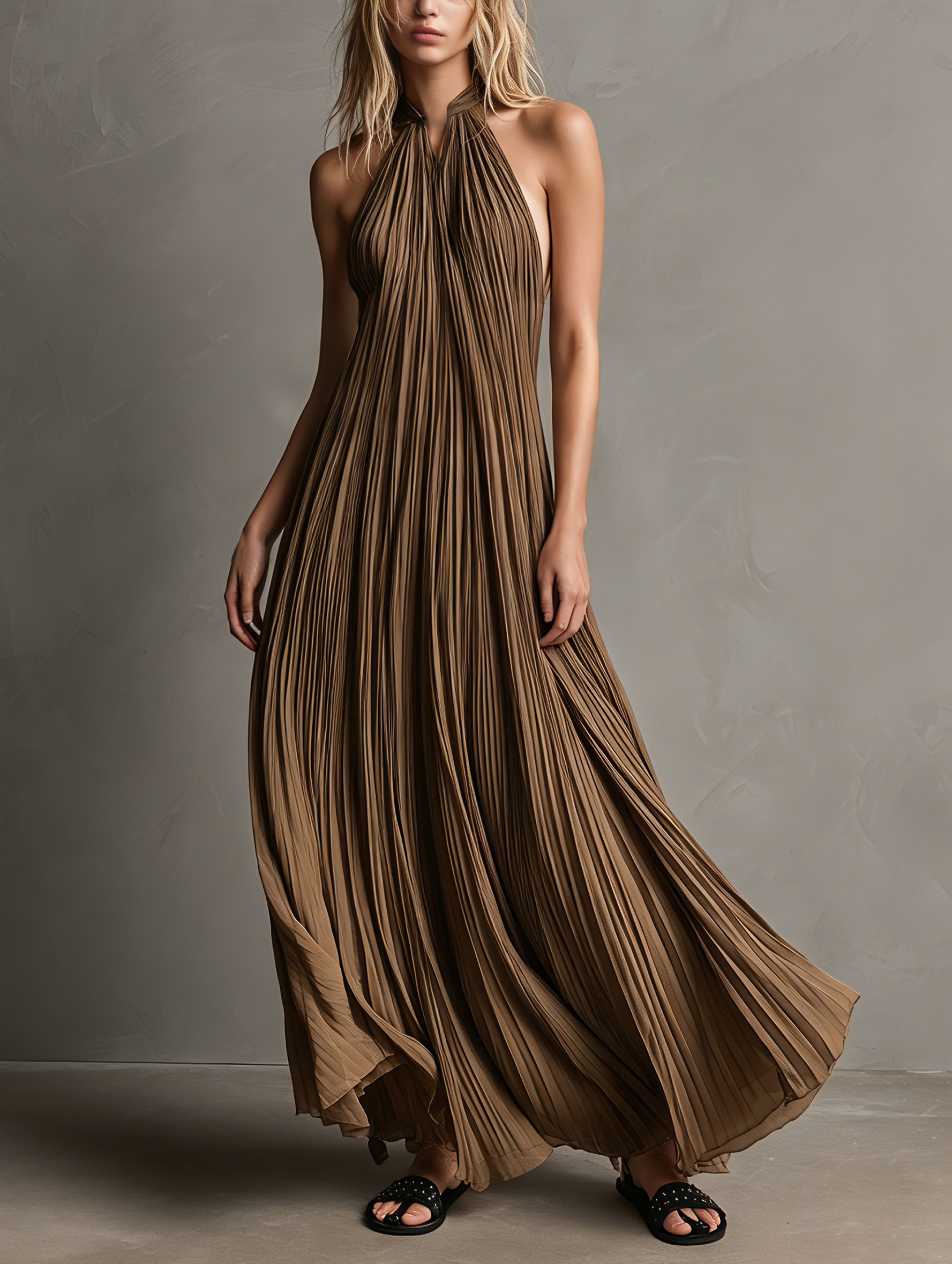 Women's Casual Brown Sleeveless Pleated Chiffon Maxi Dress