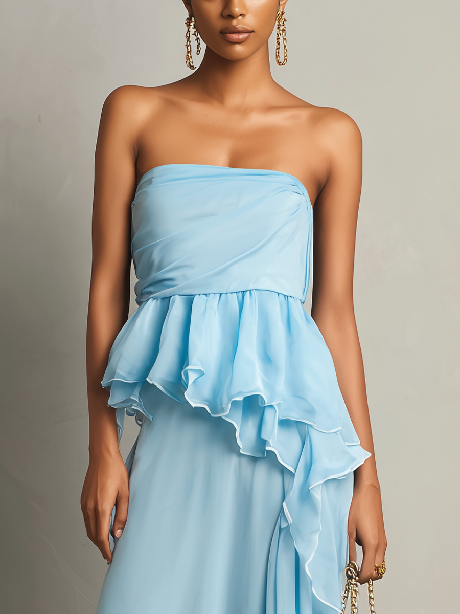 Women’s Light Blue Strapless Draped Chiffon Maxi Dress With Tiered Ruffle Peplum Detail