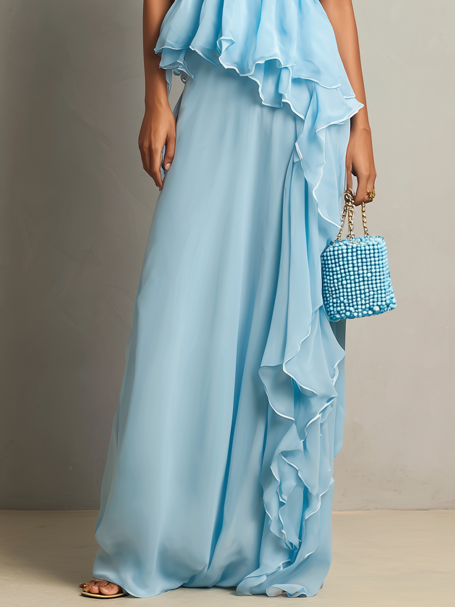 Women’s Light Blue Strapless Draped Chiffon Maxi Dress With Tiered Ruffle Peplum Detail