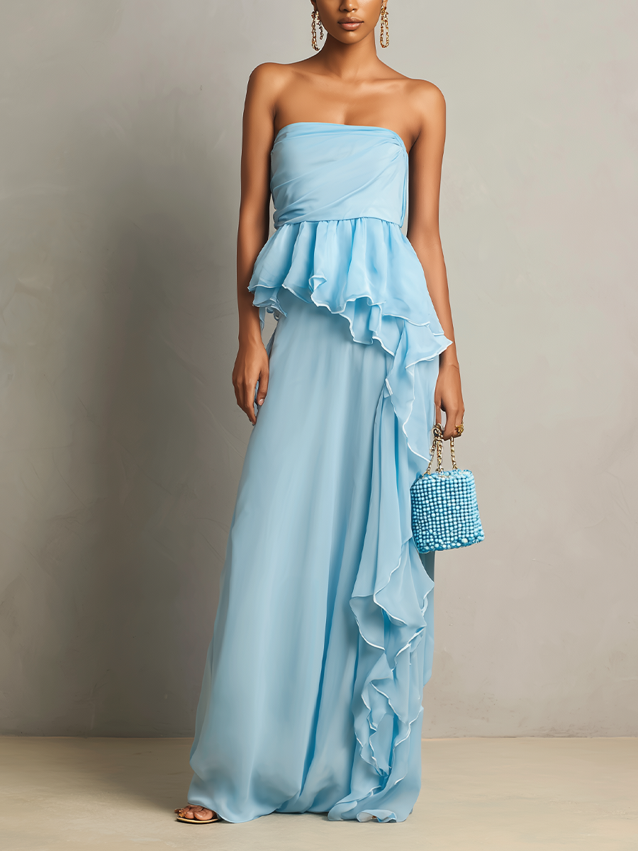 Women’s Light Blue Strapless Draped Chiffon Maxi Dress With Tiered Ruffle Peplum Detail