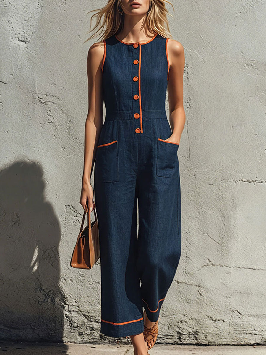 Casual Retro Color-blocked Trim Blue Sleeveless Round Neck Cotton-linen Jumpsuit