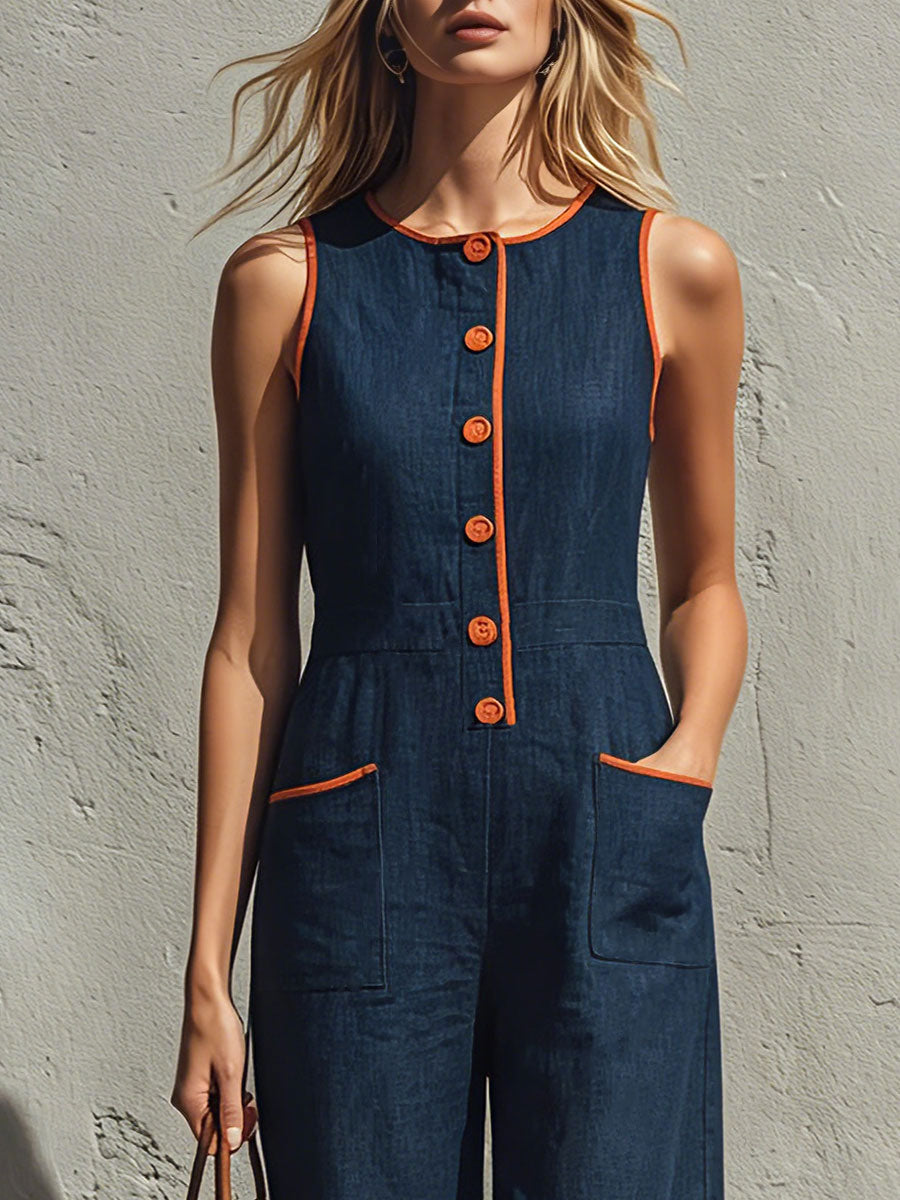 Casual Retro Color-blocked Trim Blue Sleeveless Round Neck Cotton-linen Jumpsuit