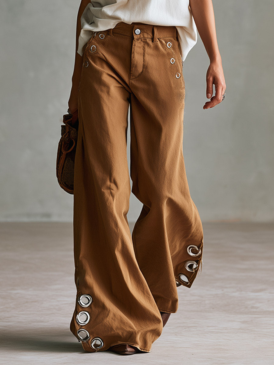 Versatile Retro Style With Metal Eyelets Caramel-colored Wide-leg Trousers