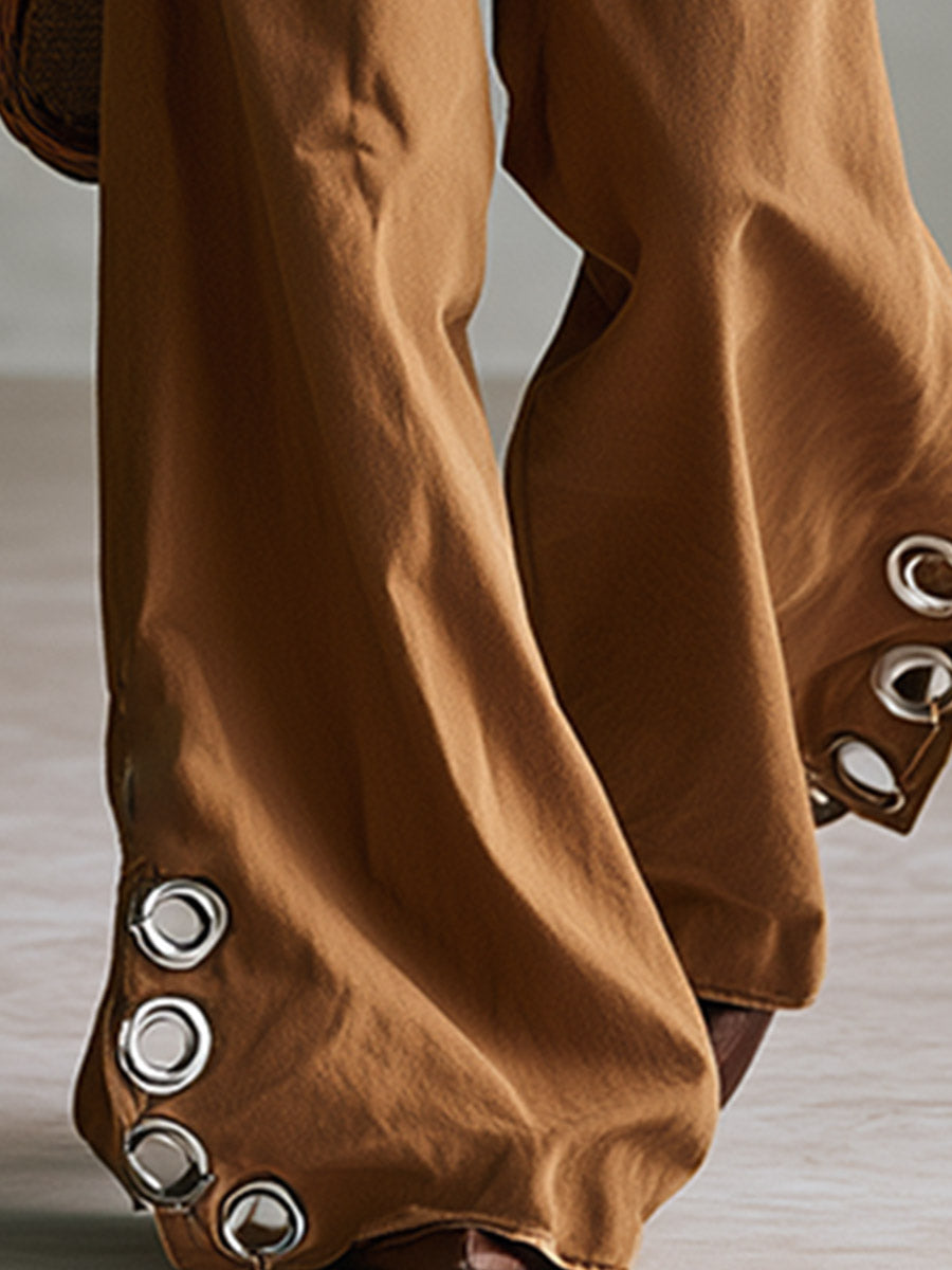 Versatile Retro Style With Metal Eyelets Caramel-colored Wide-leg Trousers
