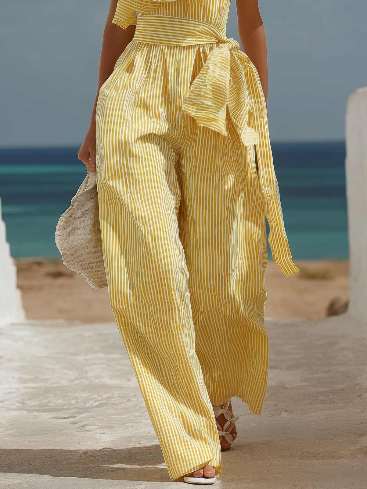 Tropical Beach Yellow Stripe Linen Blend Off Shoulder Ruffle Tie Waist Wide Leg Jumpsuit