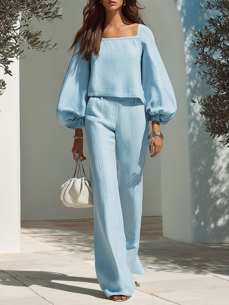 Resort-style Square-neck Lantern-sleeve Top And Trousers Set