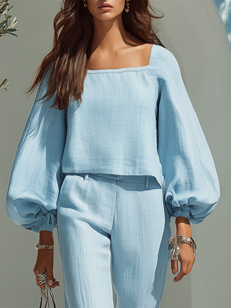 Resort-style Square-neck Lantern-sleeve Top And Trousers Set
