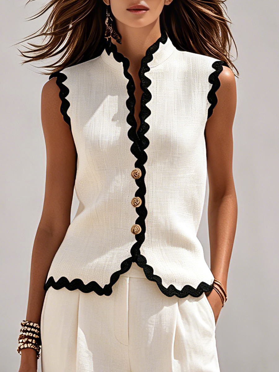 Resort-style Sleeveless Top With Wavy Hem And Linen Trousers Set