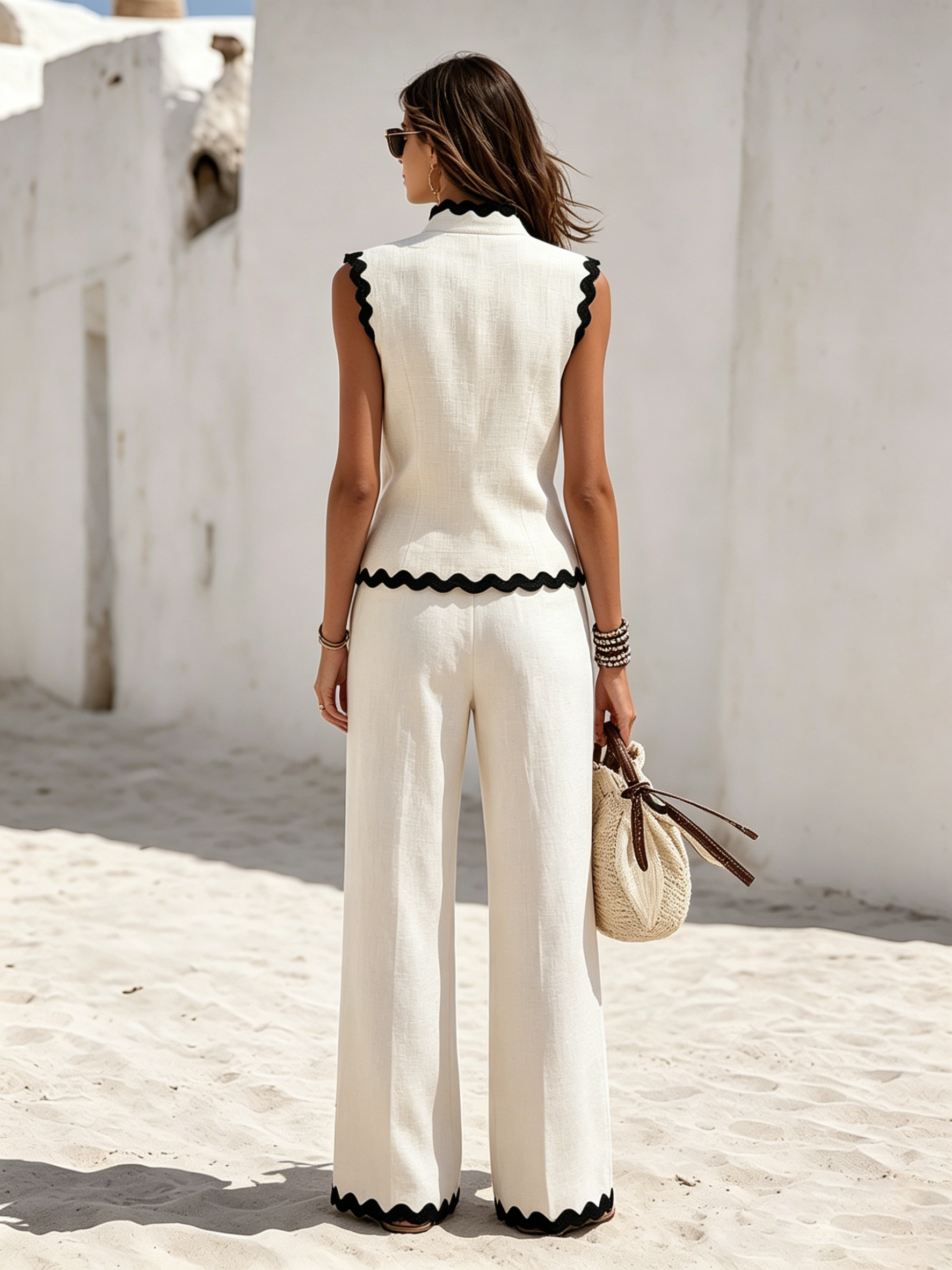 Resort-style Sleeveless Top With Wavy Hem And Linen Trousers Set