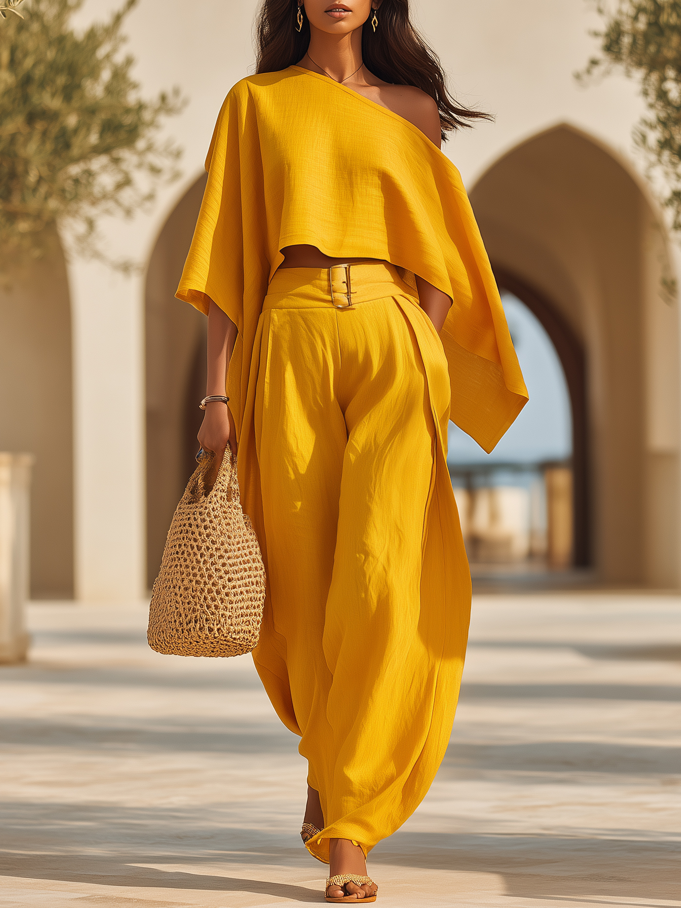Tropical Beach Golden Yellow Linen Blend One Shoulder Crop Top Belted Wide Leg Two-Piece Set
