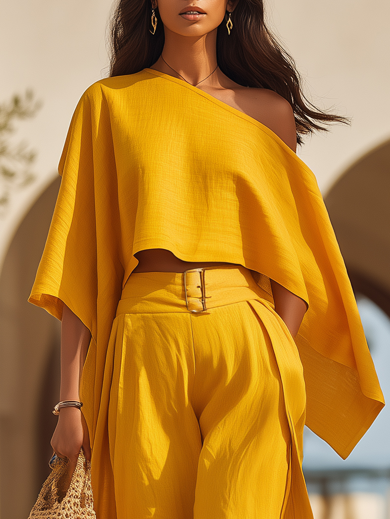 Tropical Beach Golden Yellow Linen Blend One Shoulder Crop Top Belted Wide Leg Two-Piece Set