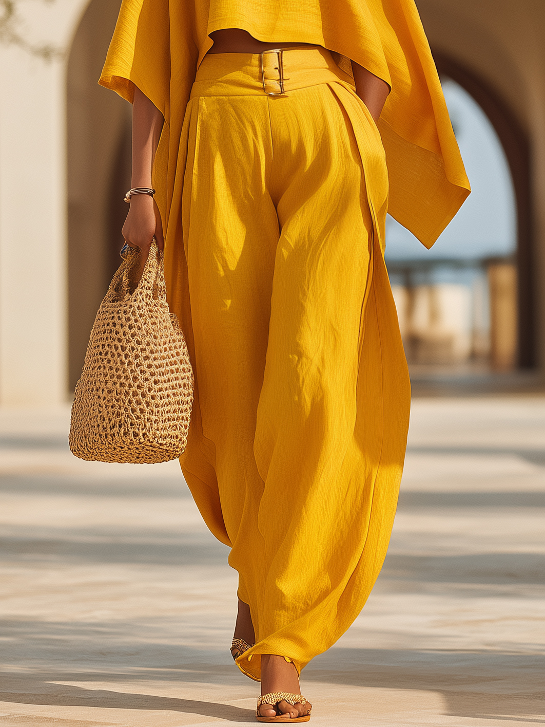 Tropical Beach Golden Yellow Linen Blend One Shoulder Crop Top Belted Wide Leg Two-Piece Set