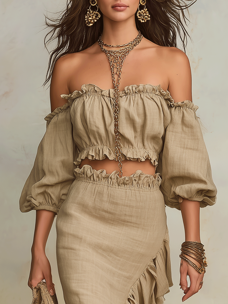 Elegant Vacation Natural Linen Boho Co-Ord Set
