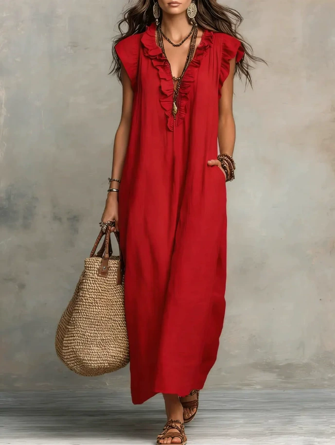 [Copy]"Effortless Chic" Style V-Neck Button-Front Cotton-Linen Maxi Dress — Sleeveless Tank Dress