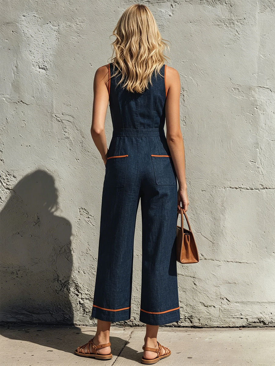 Casual Retro Color-blocked Trim Blue Sleeveless Round Neck Cotton-linen Jumpsuit
