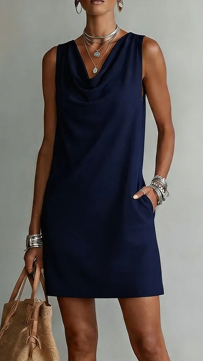 Women's Sleeveless Cotton Dress with Draped Neckline