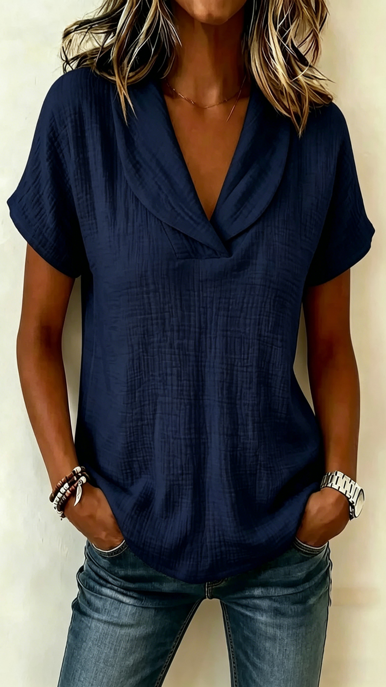 Women's Short-Sleeve Crepe V-Neck Casual Fashion T-Shirt
