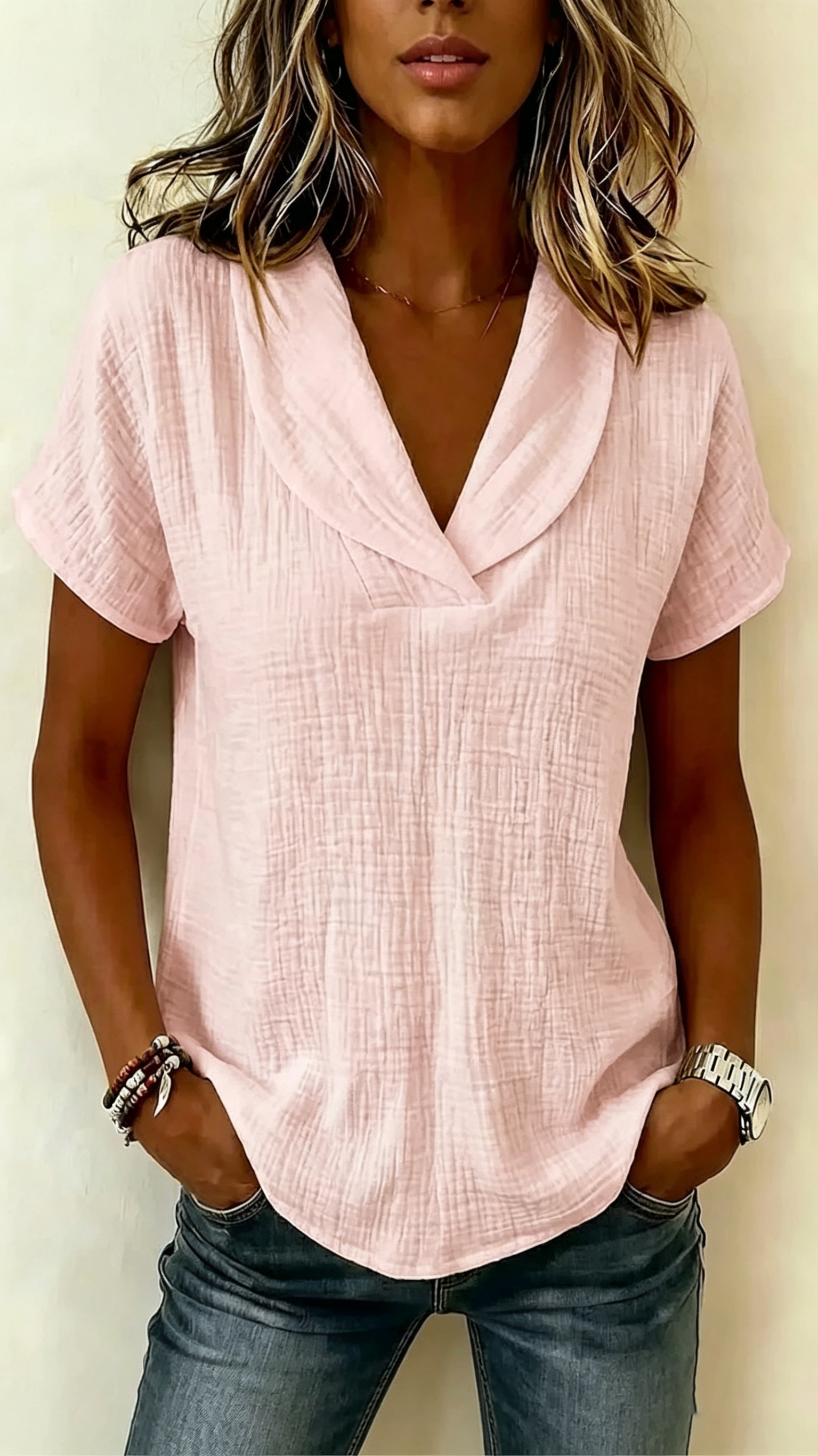 Women's Short-Sleeve Crepe V-Neck Casual Fashion T-Shirt