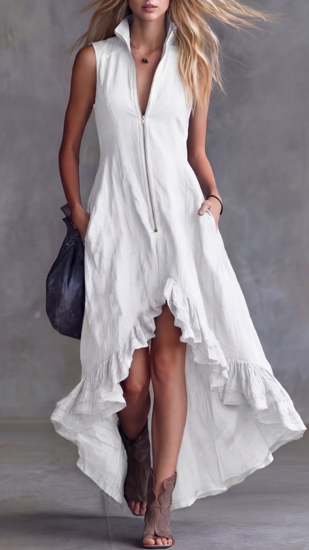 Women's Vintage Casual Dress with Lapel, Front Zipper, and Ruffled Hem