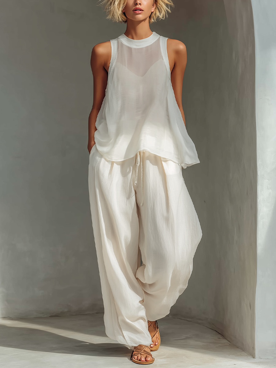 Women's Cream Two-Piece Set With Semi-sheer Chiffon Sleeveless Top & Cotton And Linen Blend Drawstring Wide-Leg Trousers