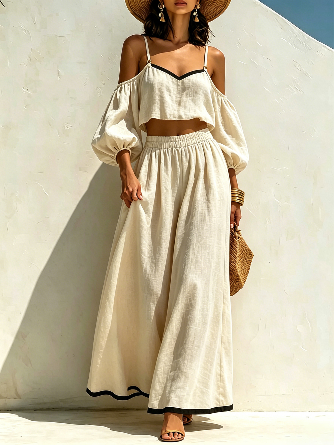 Women’s Linen Cotton Two-Piece Set, Off-Shoulder Puff Sleeve Crop Top & Wide Leg Pants, Casual Summer Outfit