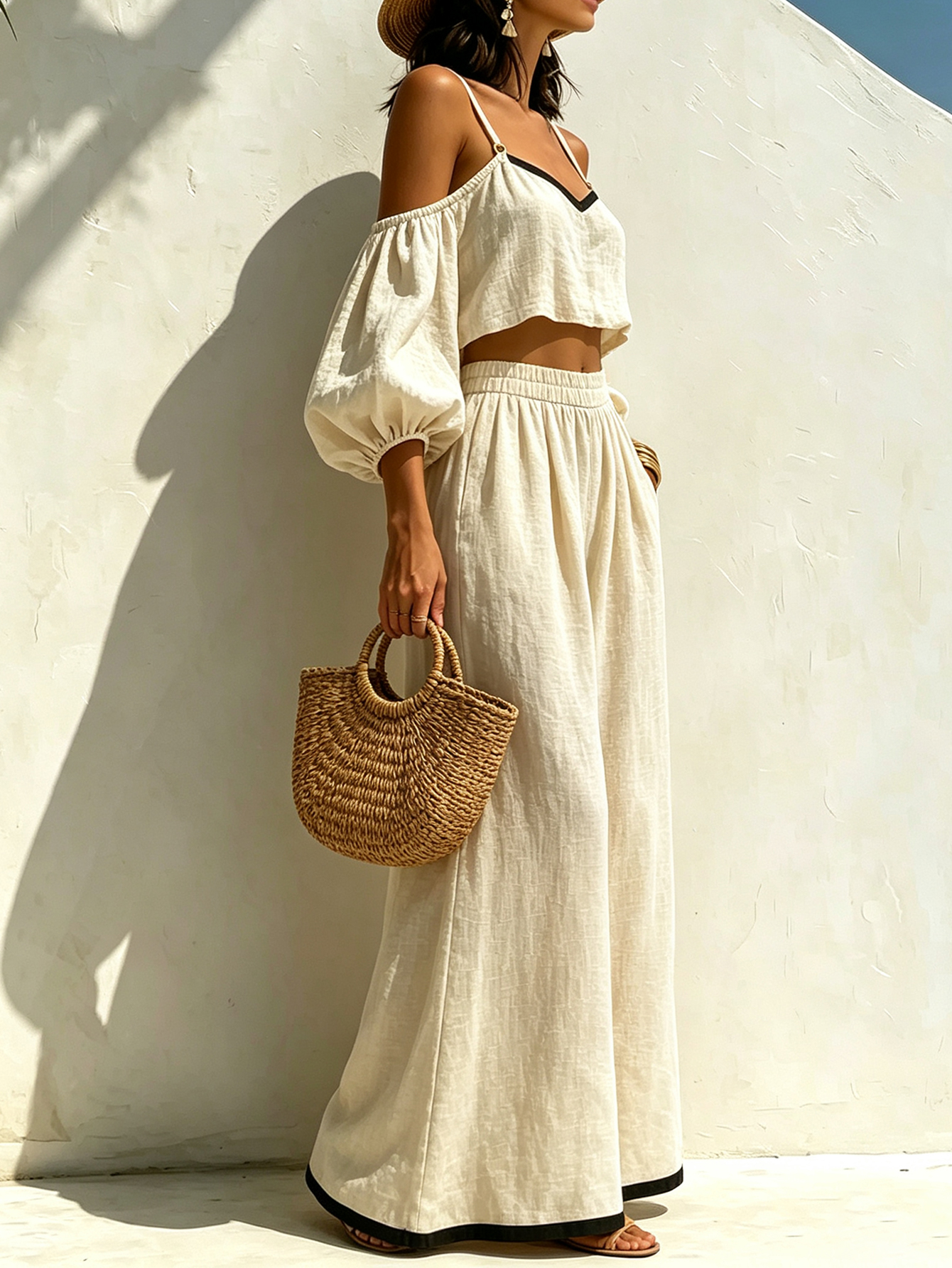 Women’s Linen Cotton Two-Piece Set, Off-Shoulder Puff Sleeve Crop Top & Wide Leg Pants, Casual Summer Outfit