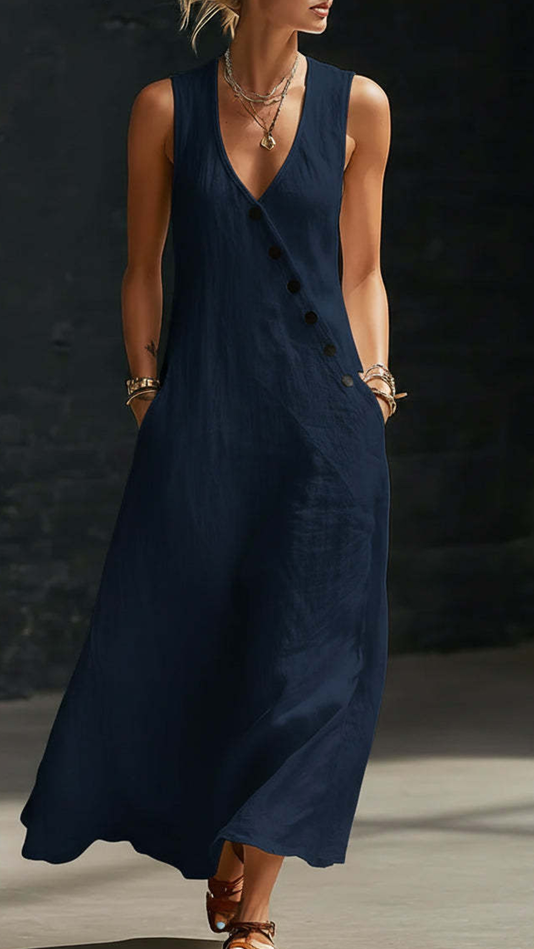 "Effortless Chic" Style V-Neck Button-Front Cotton-Linen Maxi Dress — Sleeveless Tank Dress
