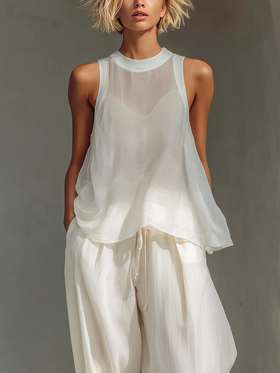 Women's Cream Two-Piece Set With Semi-sheer Chiffon Sleeveless Top & Cotton And Linen Blend Drawstring Wide-Leg Trousers