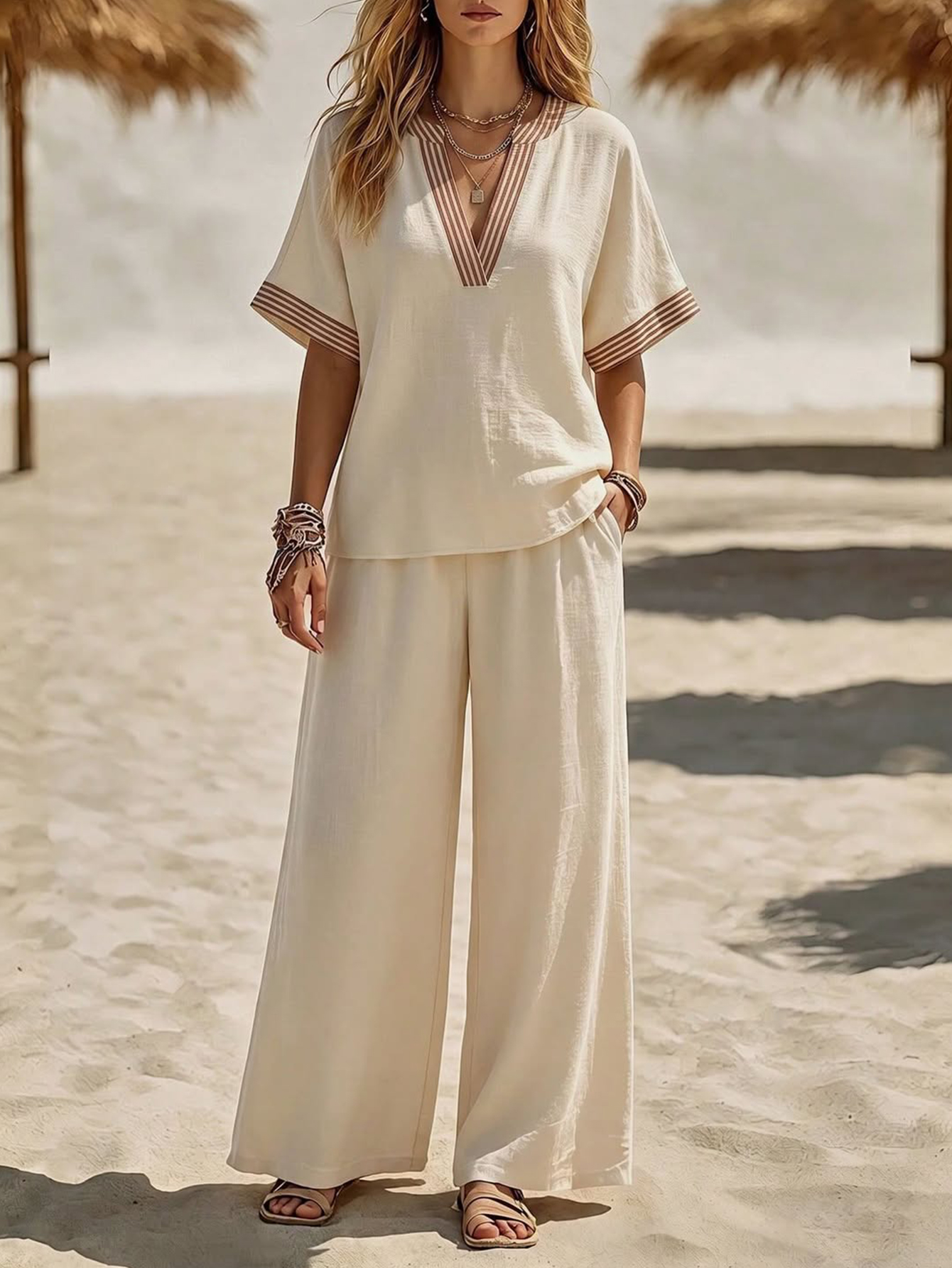 Contrast Trim V-Neck Wide Leg Set – Relaxed Short Sleeve Two-Piece Outfit
