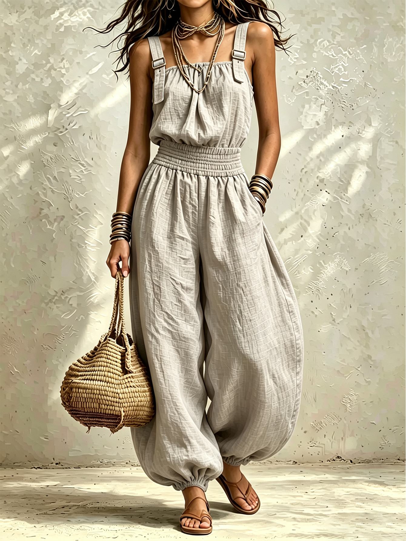 Women’s Linen Cotton Jumpsuit, Sleeveless Harem Pants Romper, Casual  One-Piece Outfit