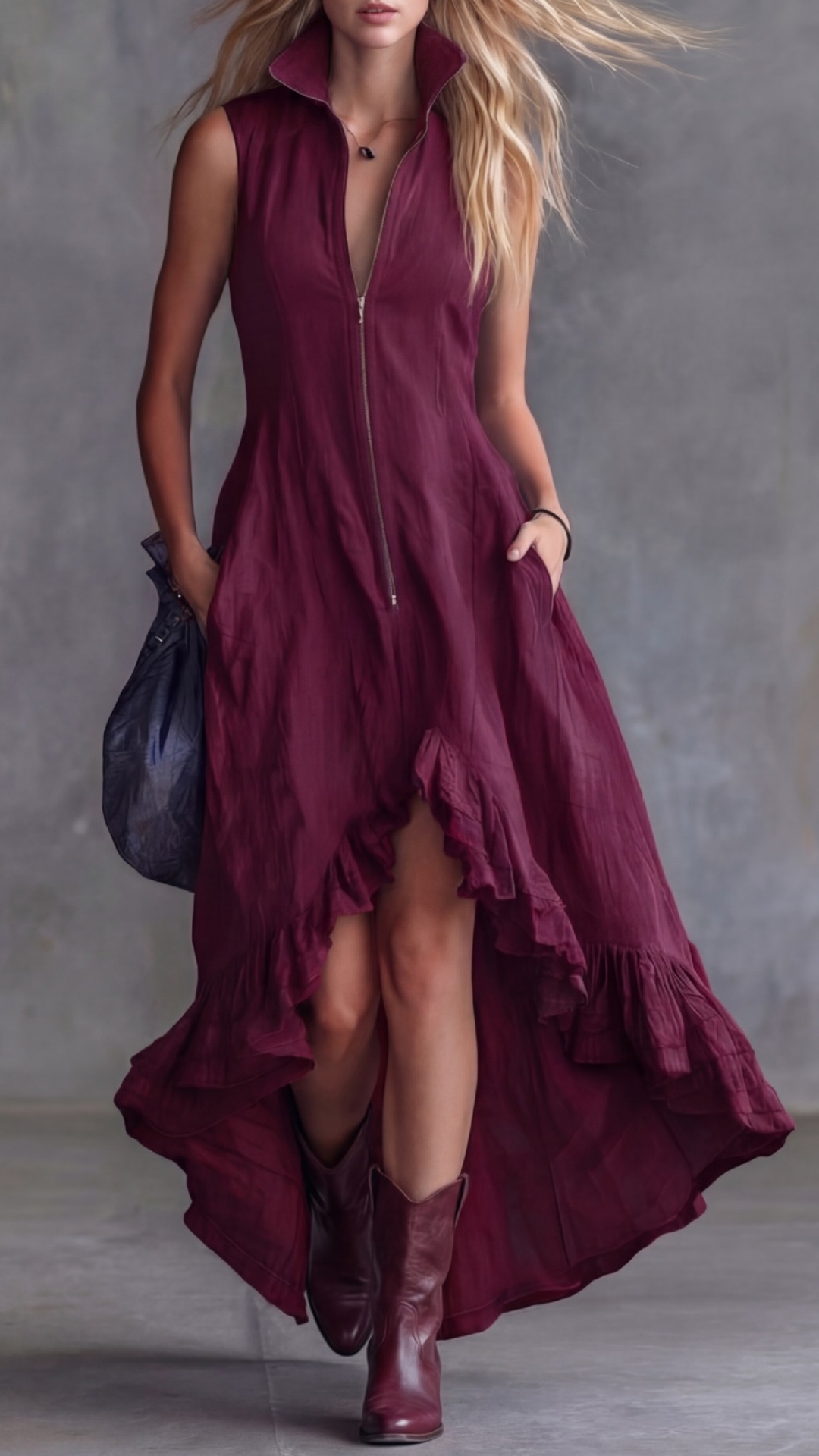 Women's Vintage Casual Dress with Lapel, Front Zipper, and Ruffled Hem