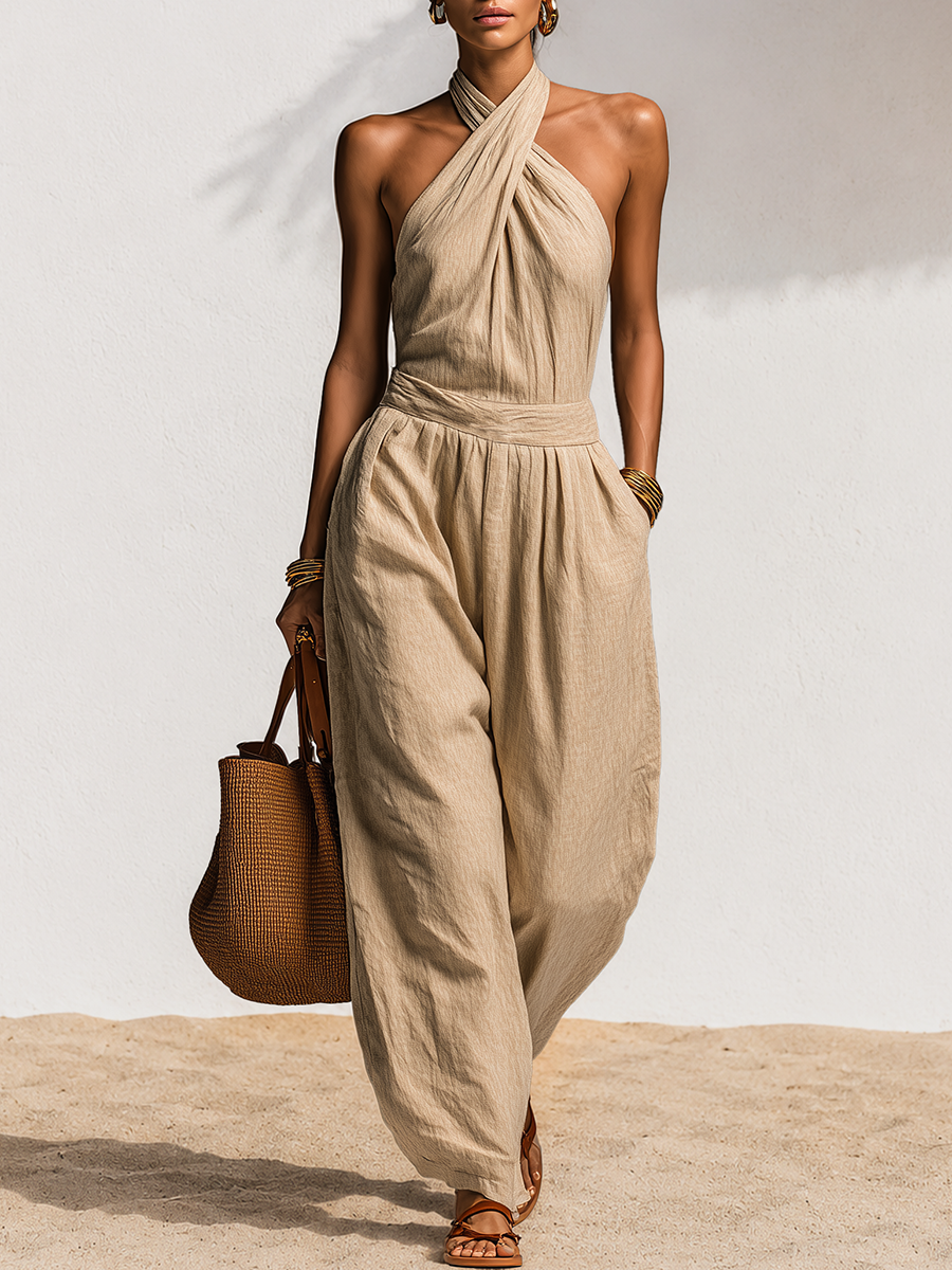 Minimalist Retro Solid Color Halter Jumpsuit