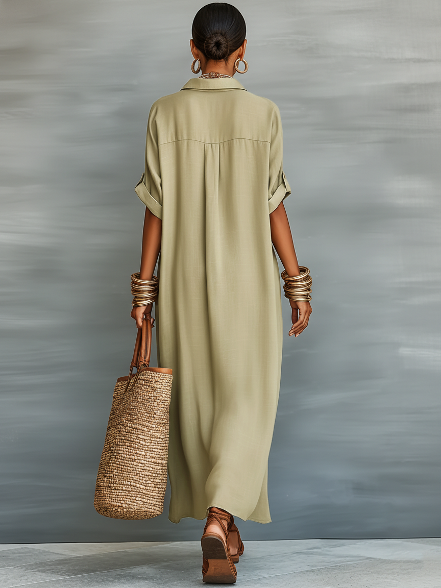 Women's Minimalist Linen Blend Short-sleeved Shirt Maxi Dress