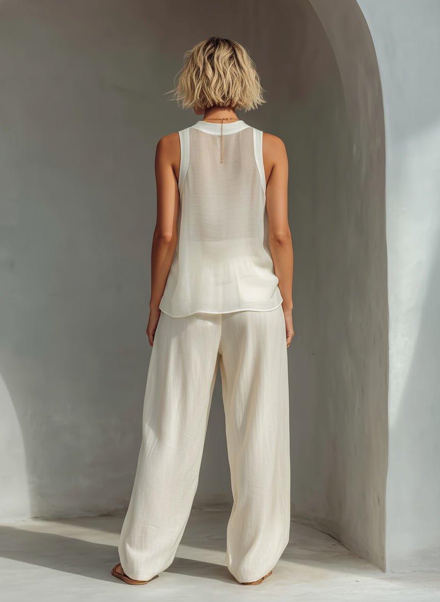Women's Cream Two-Piece Set With Semi-sheer Chiffon Sleeveless Top & Cotton And Linen Blend Drawstring Wide-Leg Trousers