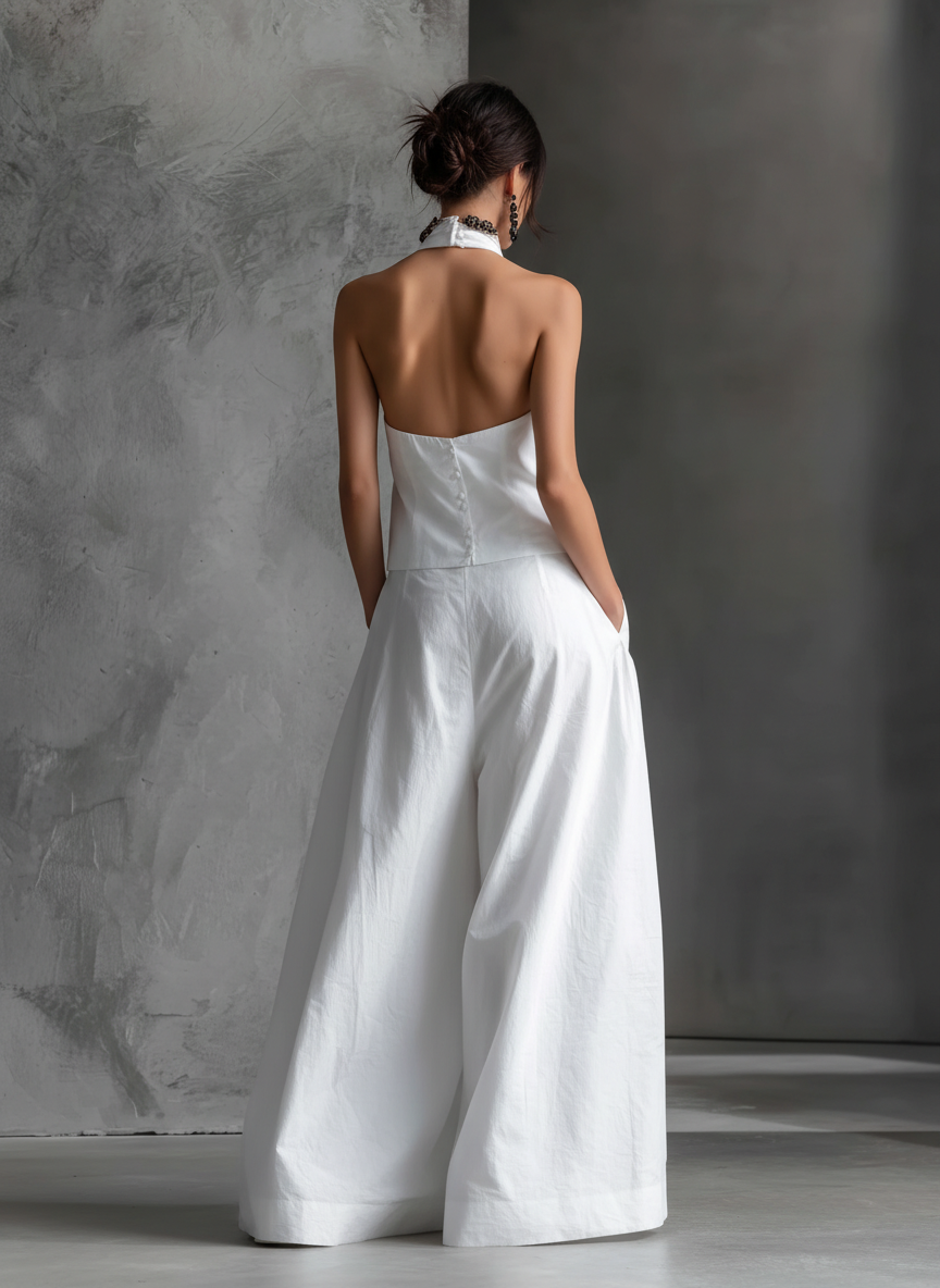 Women's Casual White Cotton And Linen Halter-neck Sleeveless Top And Skirt Set